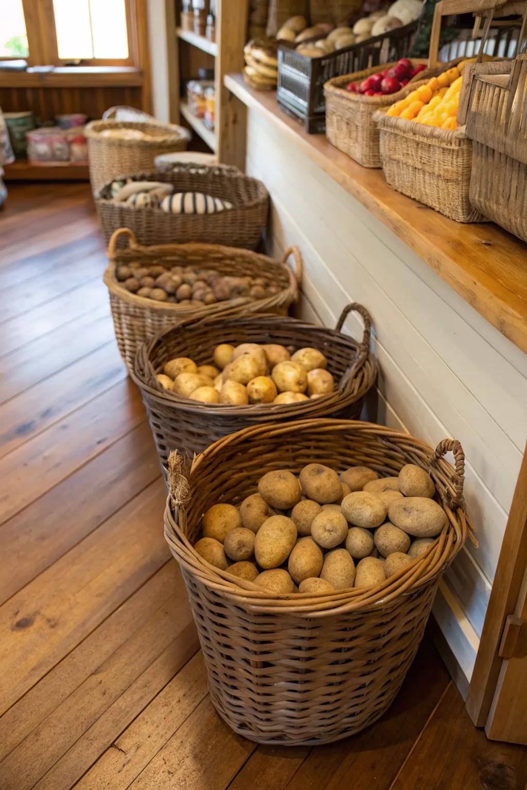 Grand floor containers stow volume wares such as potatoes neatly.
