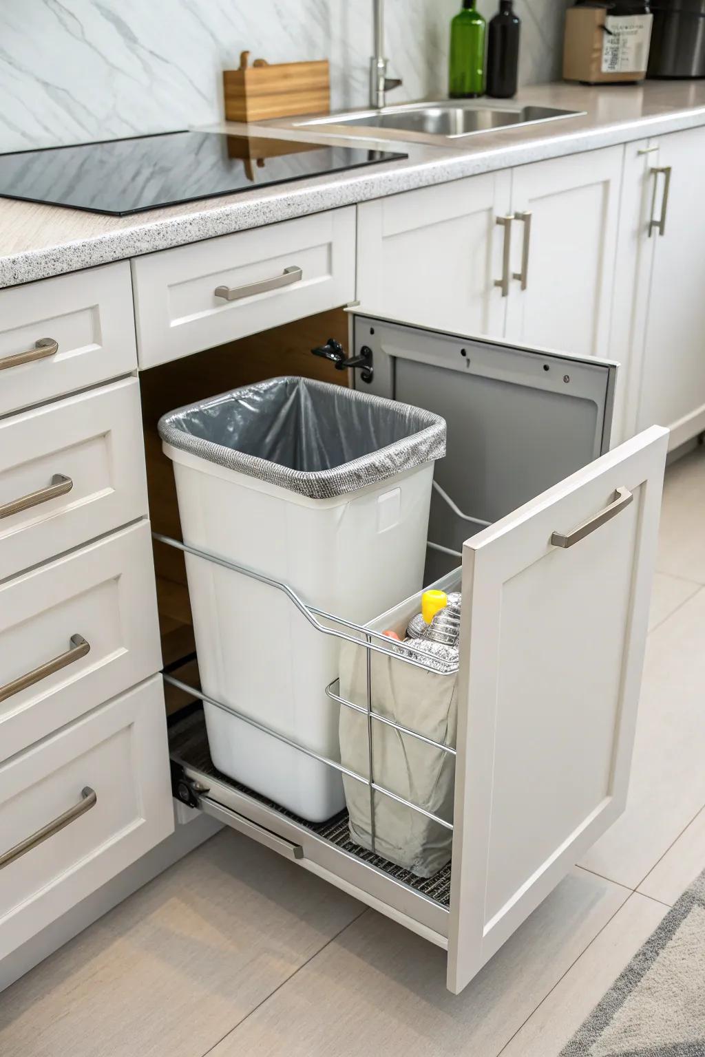 A pull-out trash can keeps your kitchen tidy and organized.