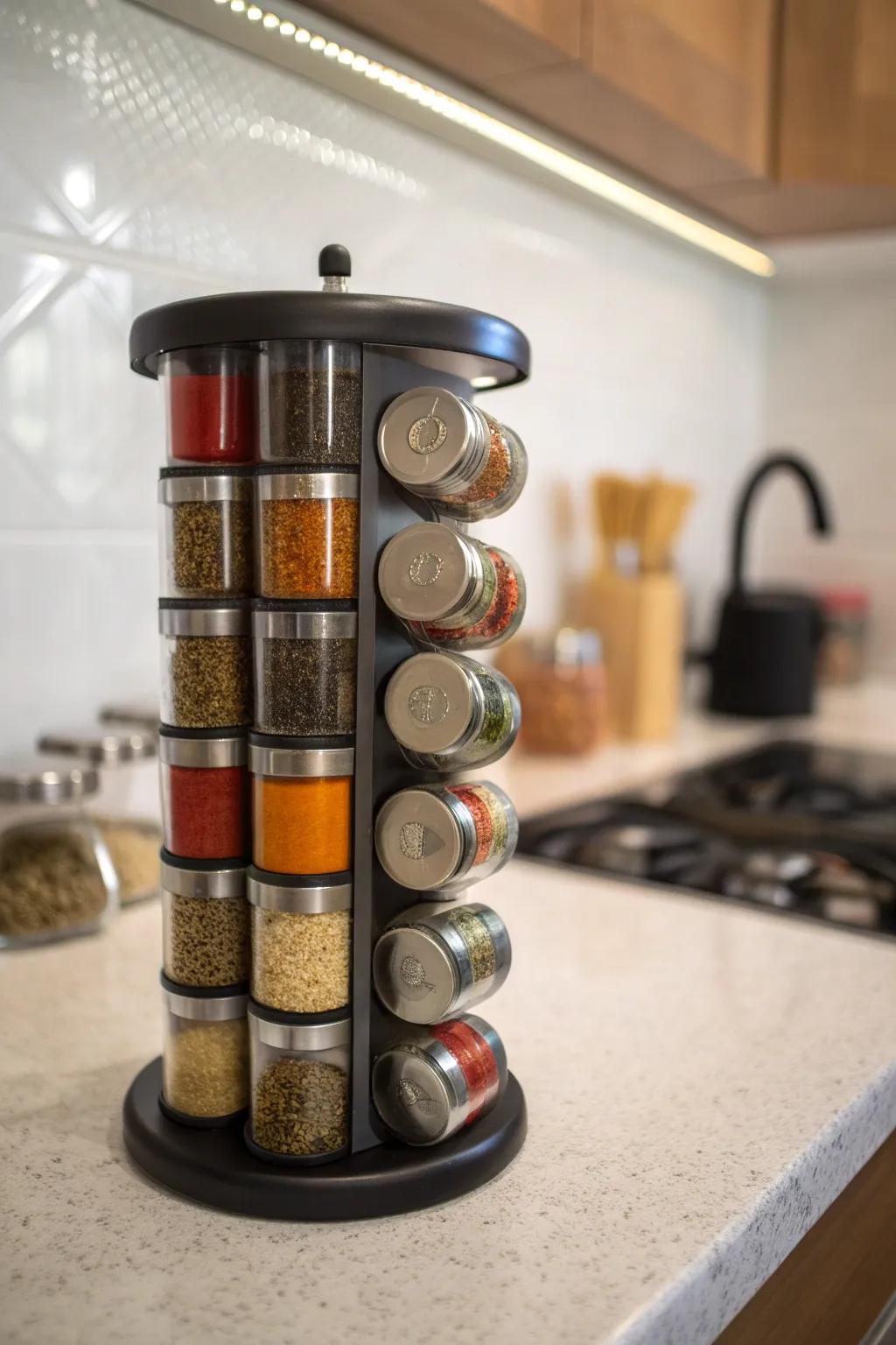 A swivel stand keeps spices compact and accessible.