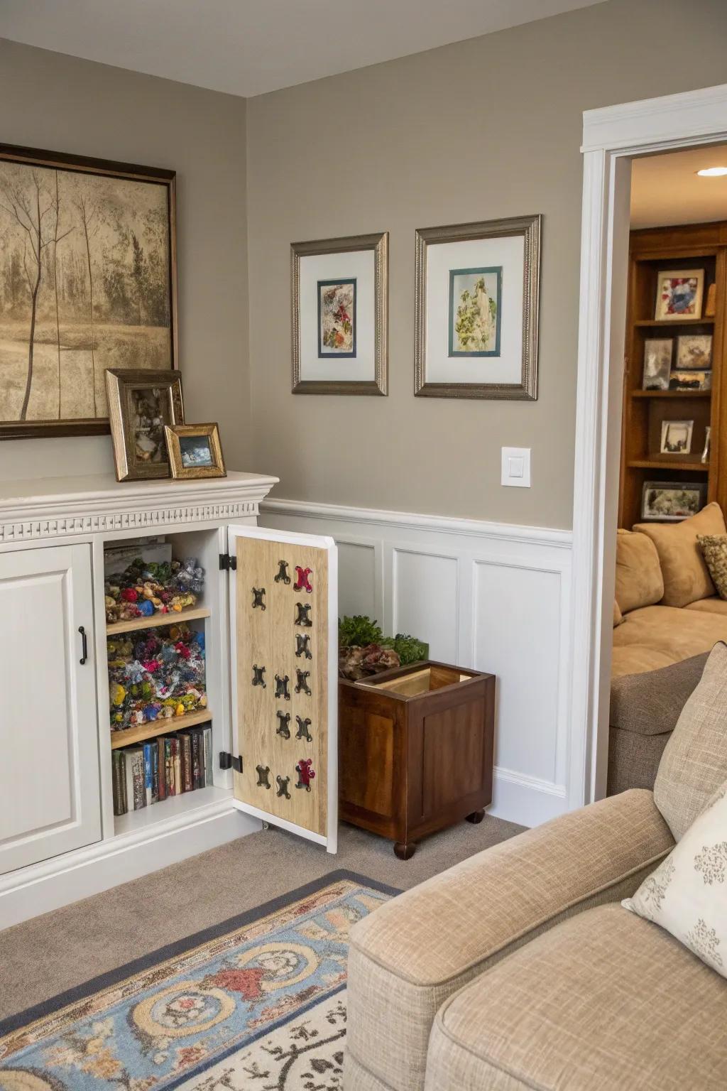 Discreet wall storage for keeping puzzles hidden yet handy.