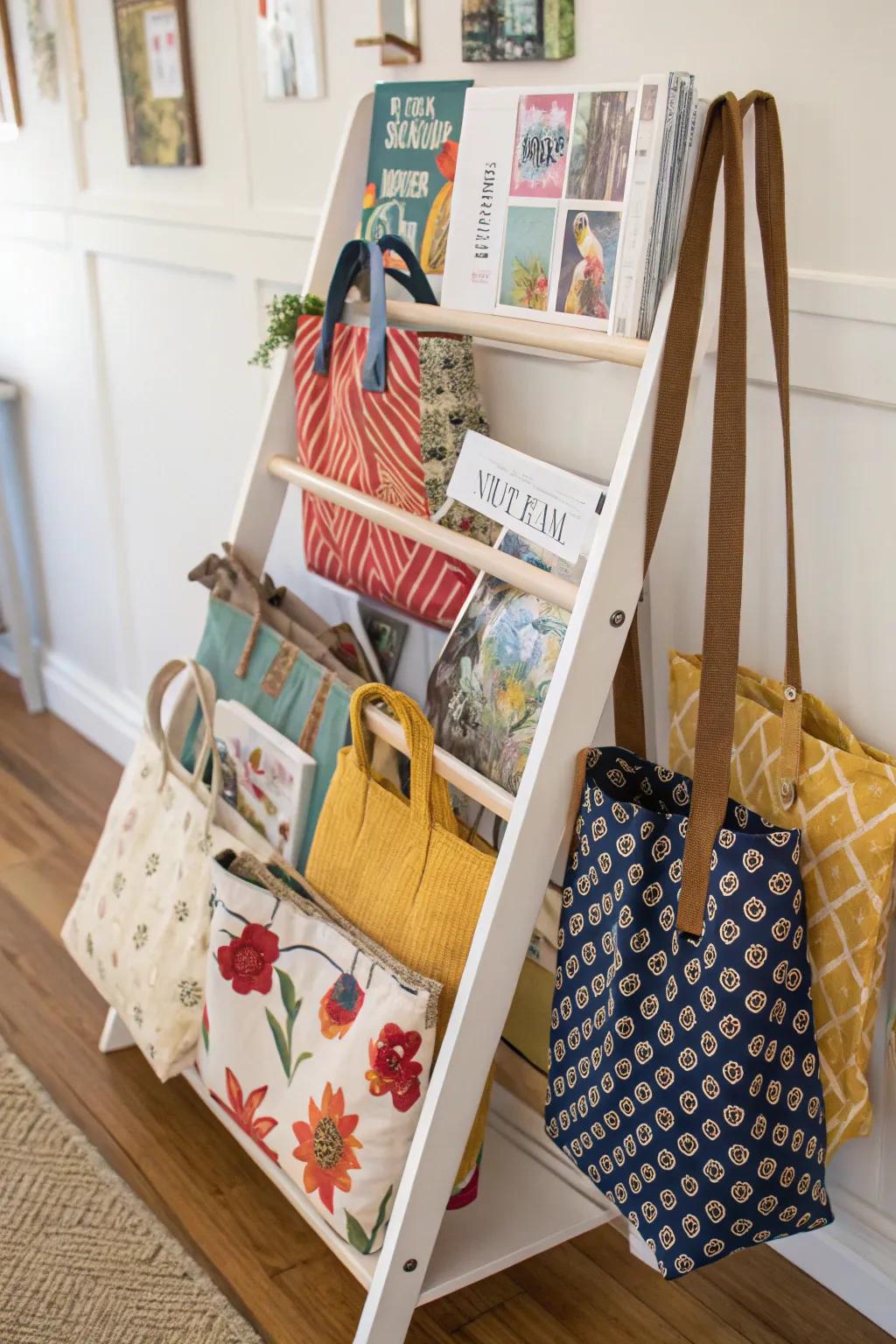 A magazine rack provides unexpected utility for tote storage.