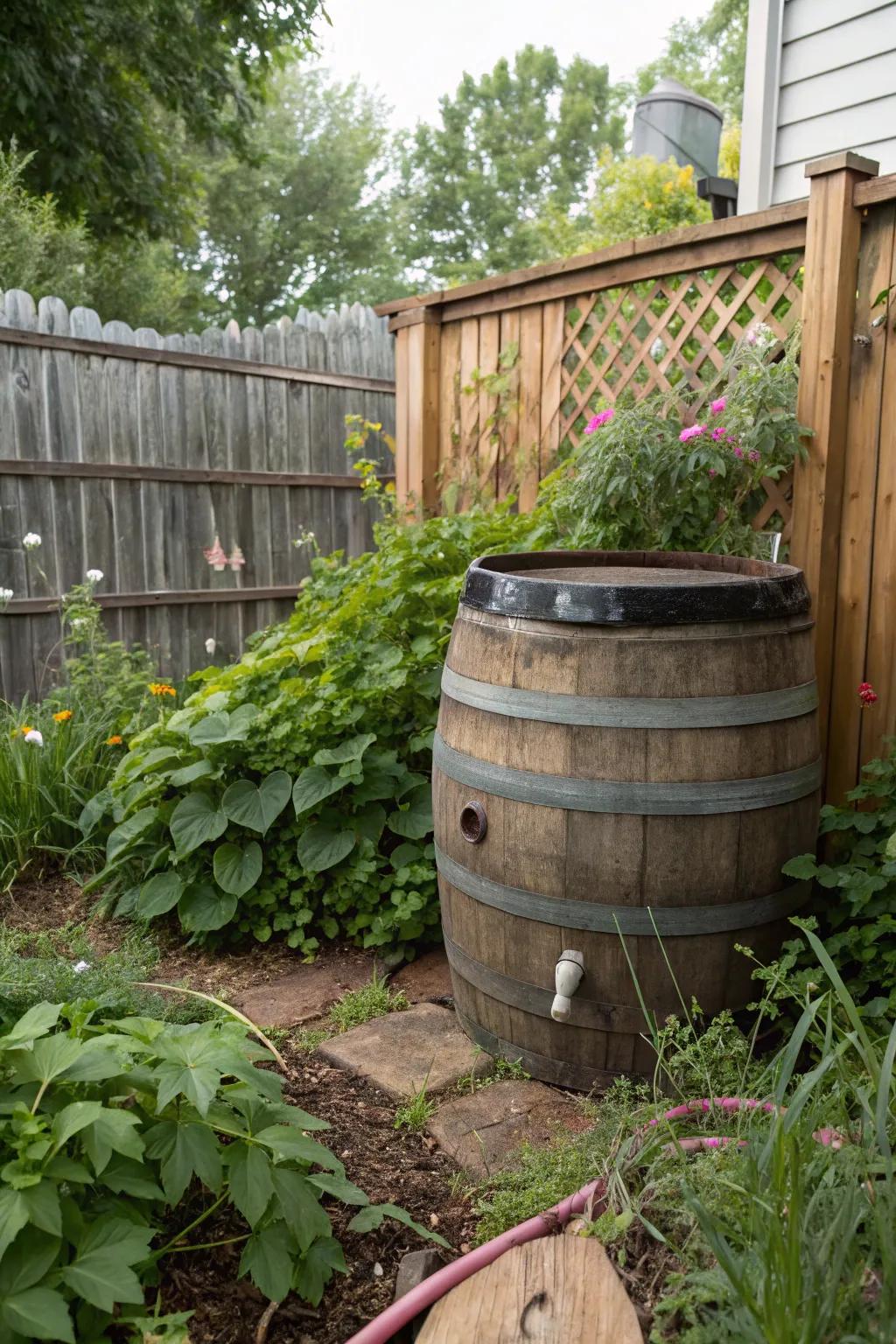 A rustic liquid holder that has been turned into a striking compost container in the garden.