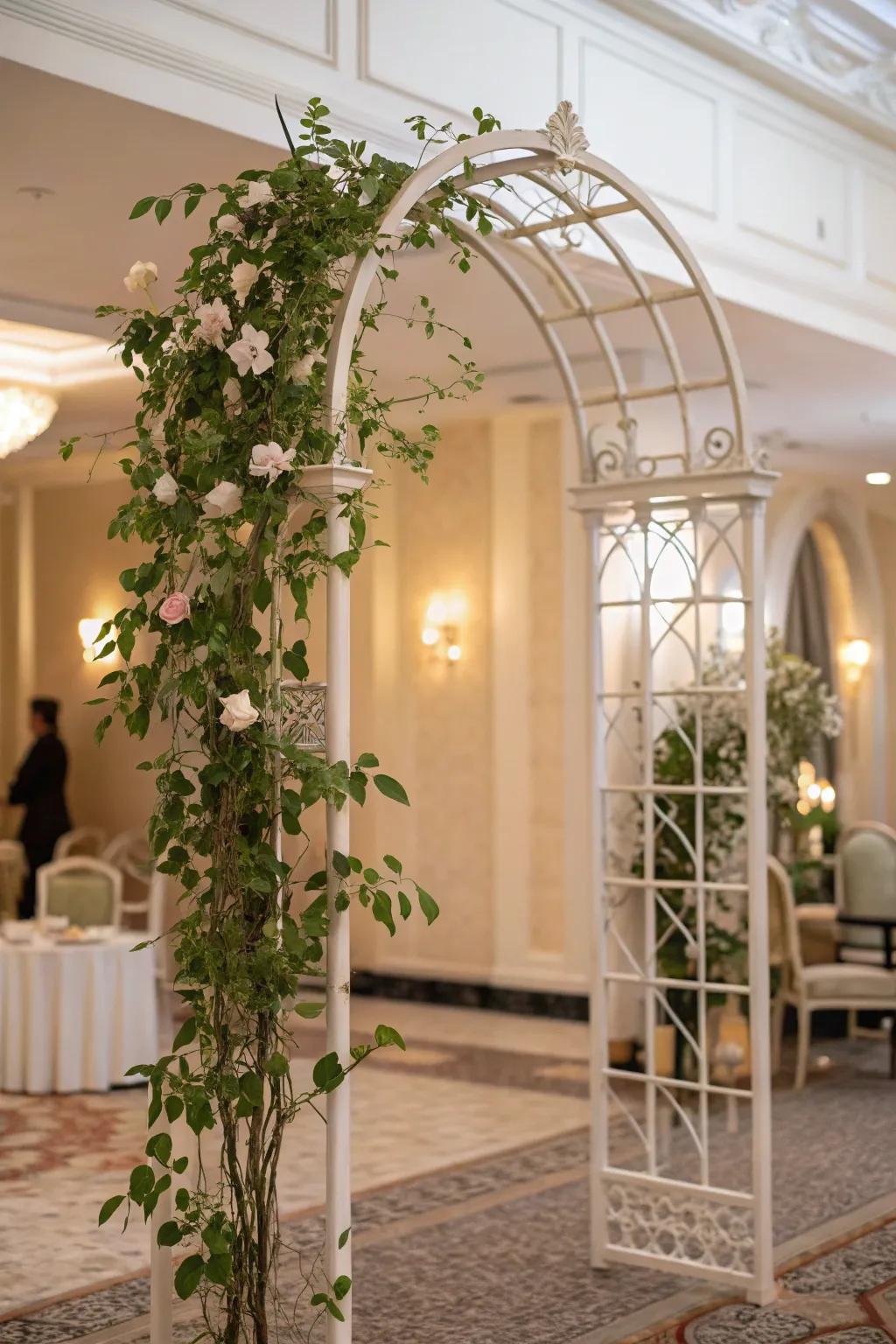 A sophisticated interior showcasing a Waxplant on a sophisticated archway trellis.