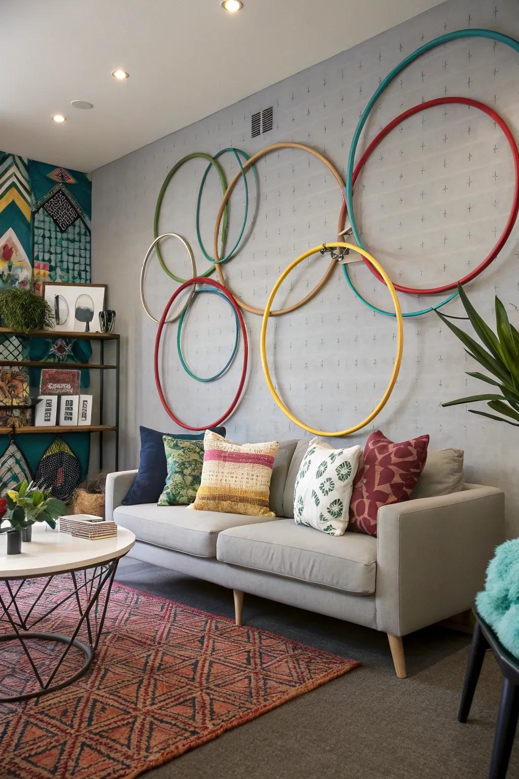Creative circles shown artfully on a wall, working as art and storage.