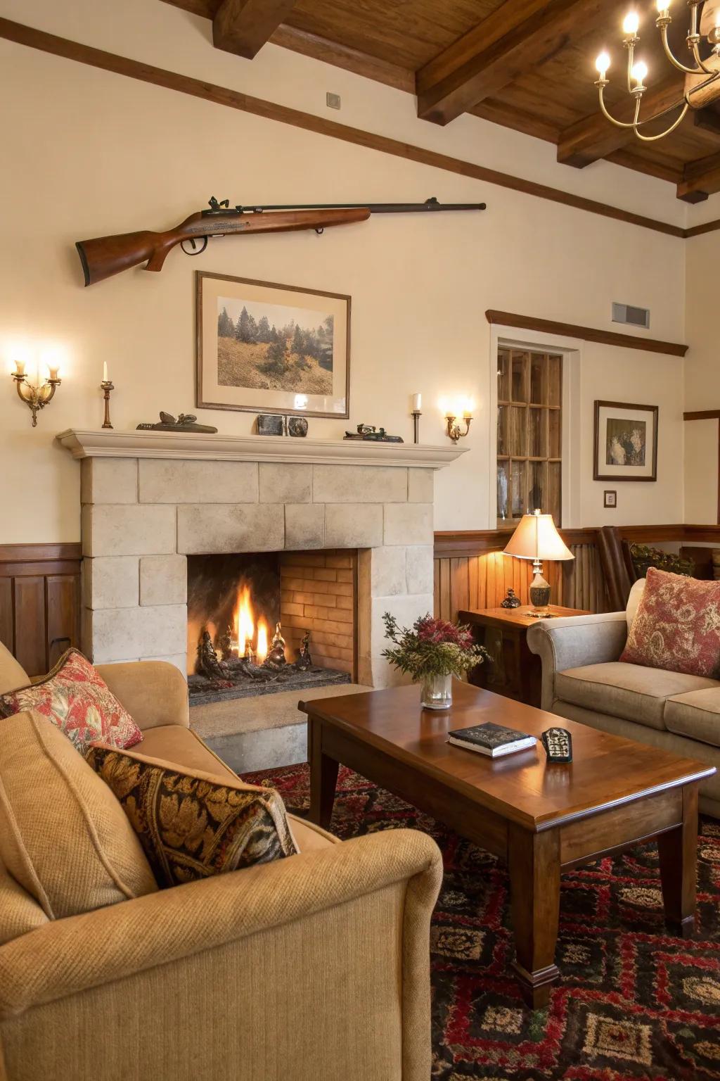 Timeless hunting gear contributes to the room’s overall feeling of authenticity and history.