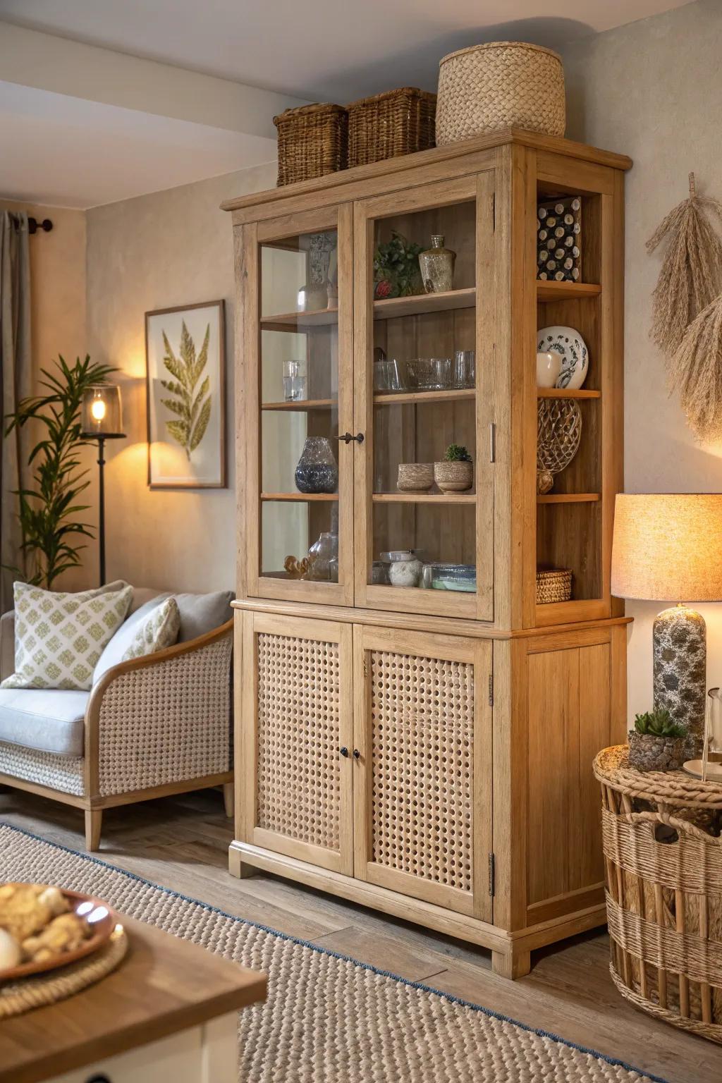 Textural aspects introduce richness to this stylish hutch.