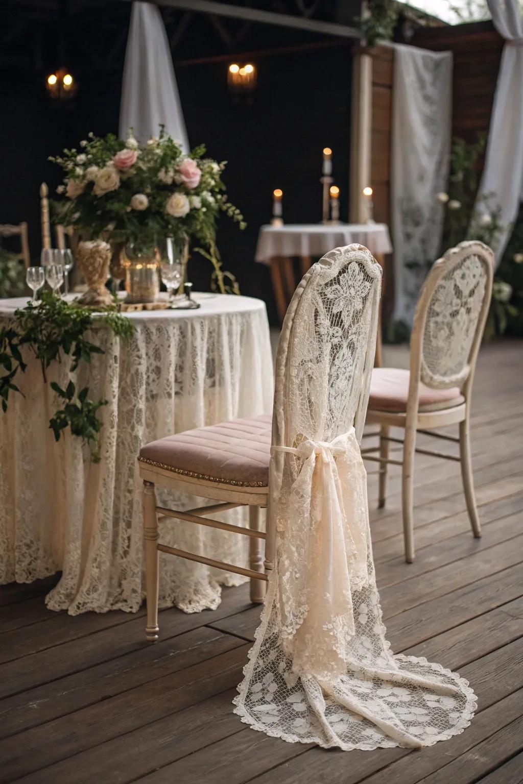 Timeless elegance with vintage lace chair wraps.