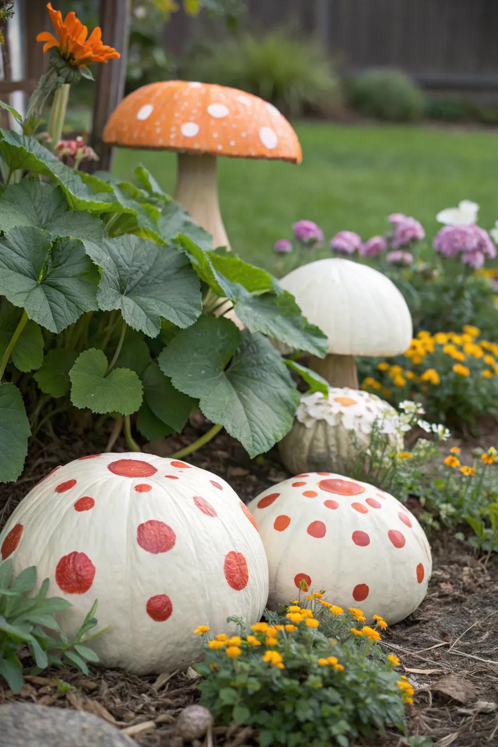 Whimsical mushroom pumpkins adding a touch of magic to the decor.