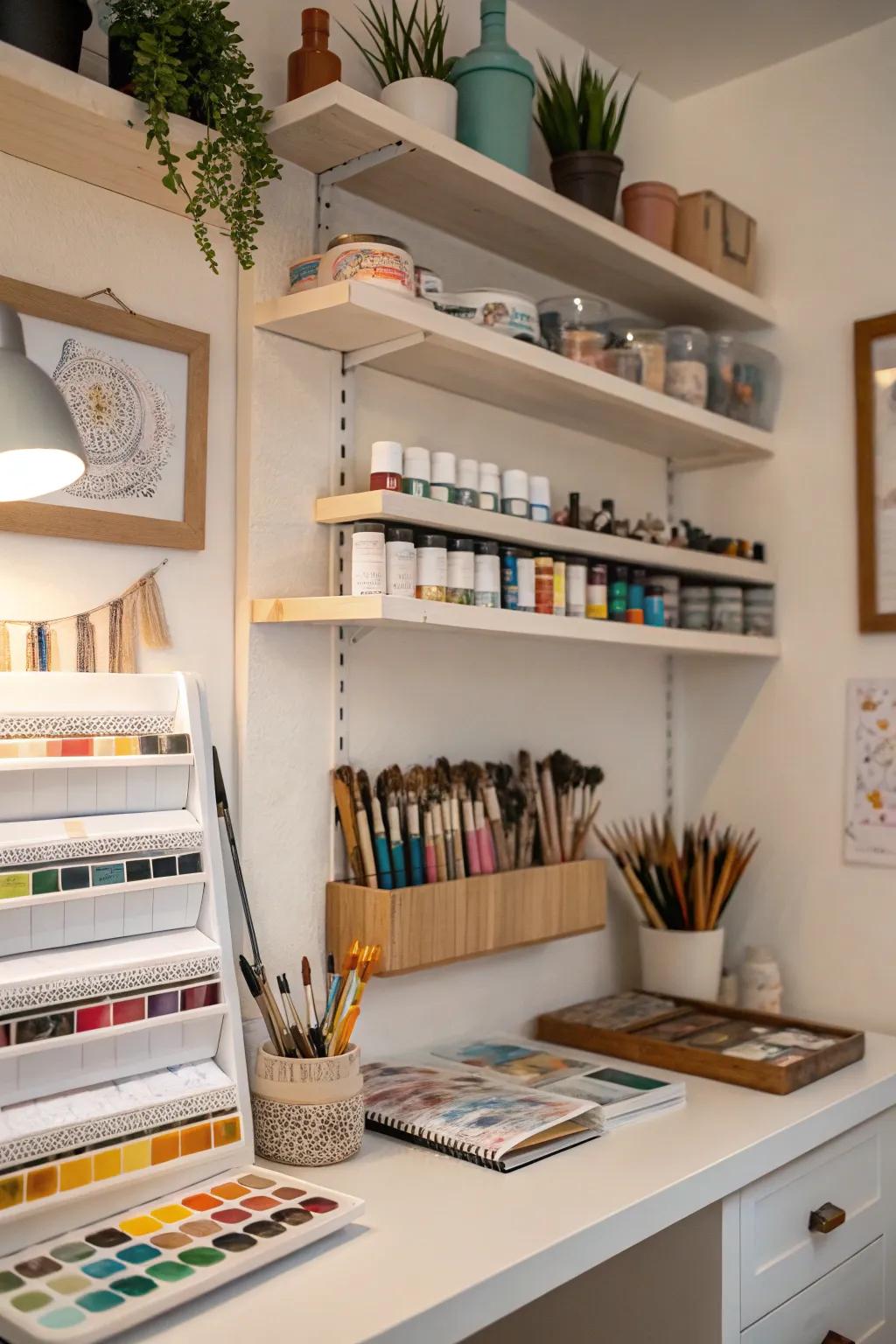 Enhance creativity in small spaces with built-in shelves.