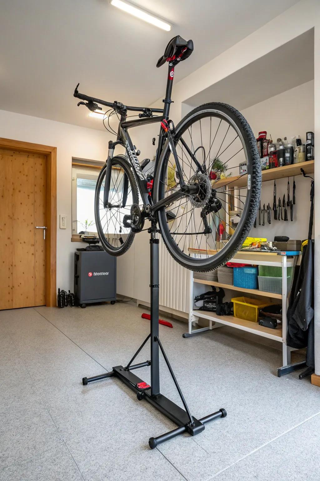 Portable bike stands offer flexible storage solutions.