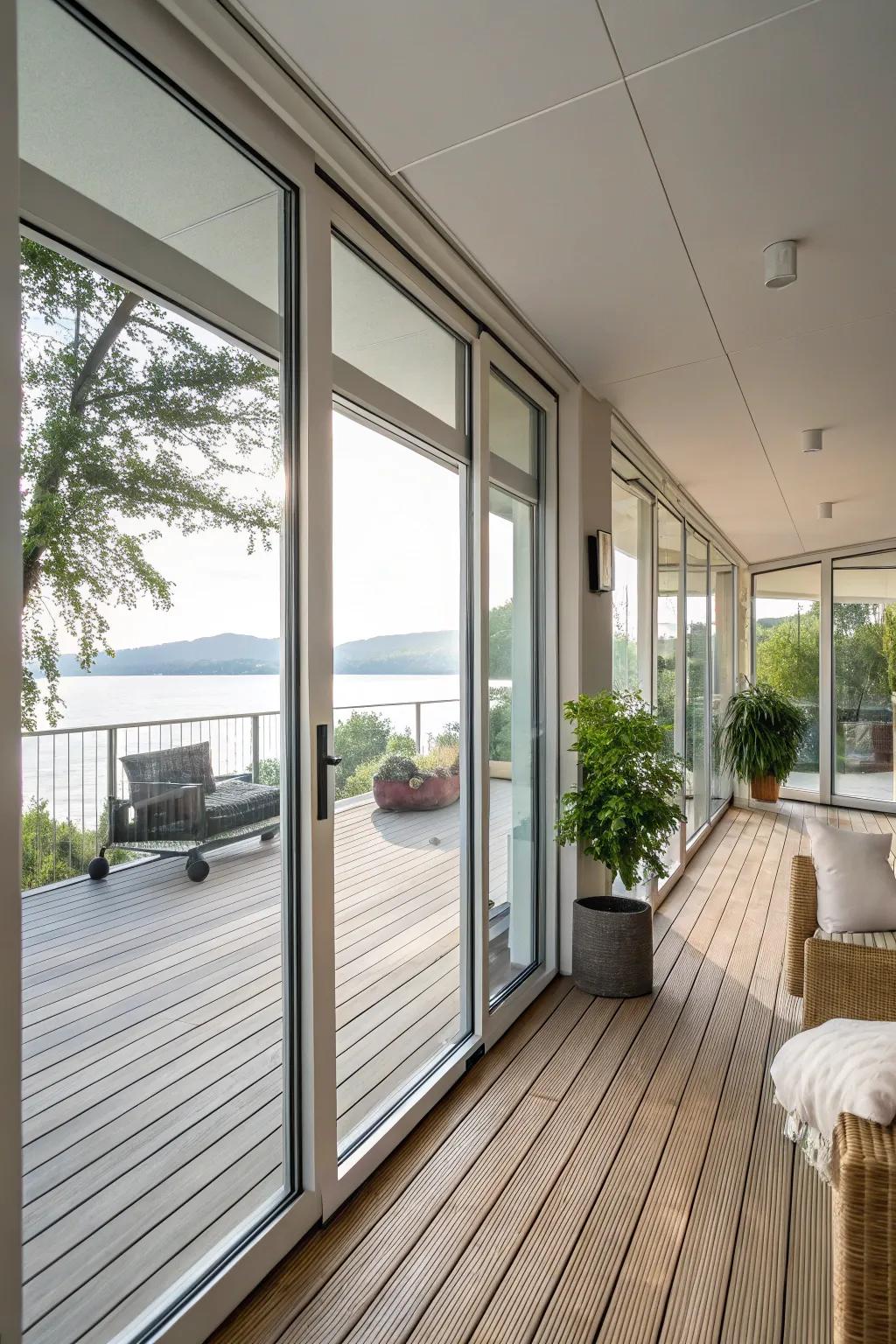 Sliding glass doors provide flexibility and openness to this indoor deck.