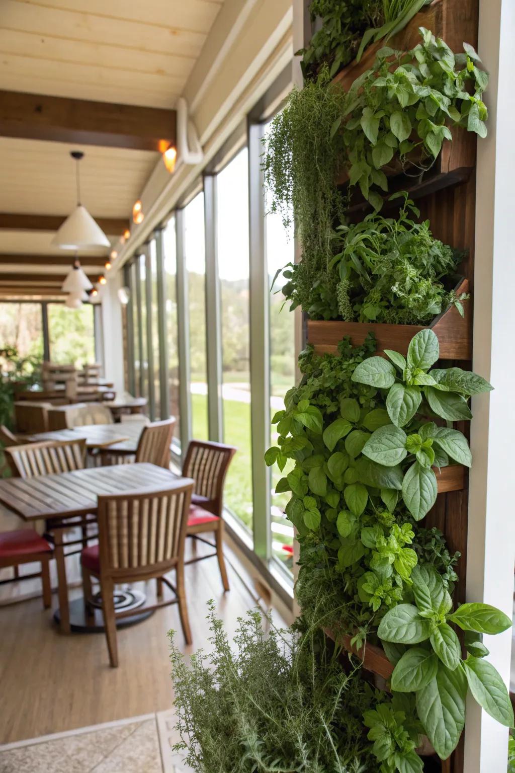 A vertical herb garden adds freshness and flavor to your indoor patio.