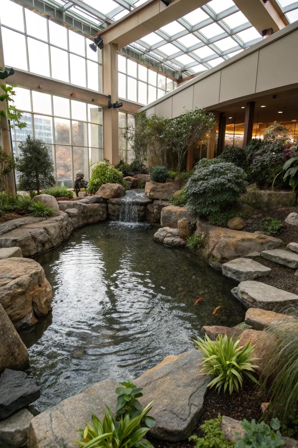Rock gardens add an earthy and pure touch to interior ponds.