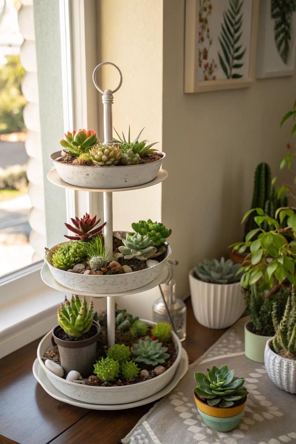 A tiered stand exhibits a range of succulents beautifully.