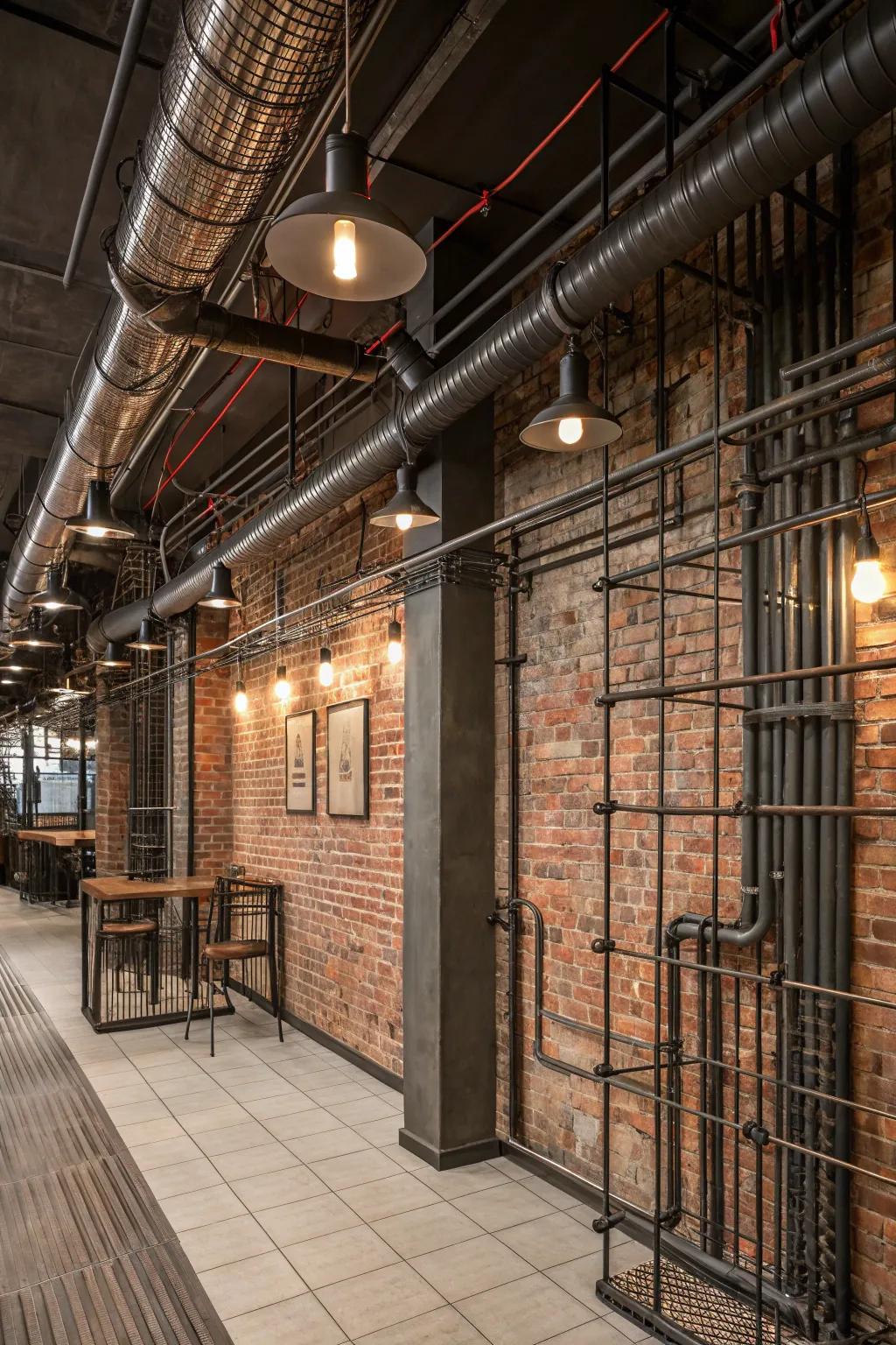 Wire and pipe accents add intrigue to this industrial space.