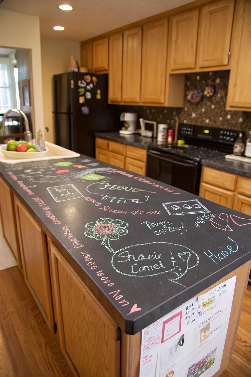 Chalkboard paint turns countertops into a dynamic and interactive space.