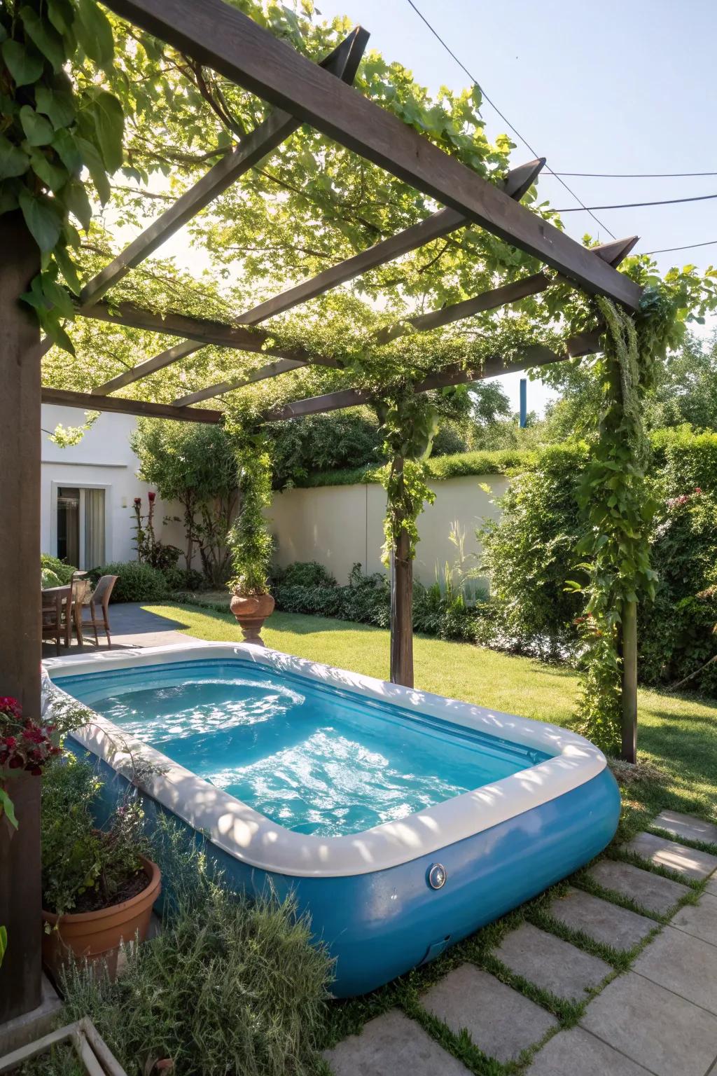 A shaded hideaway featuring an elegant poolside pergola.