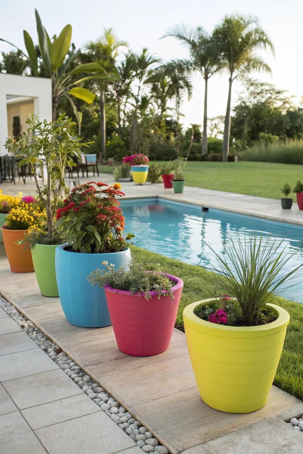 Colorful pots inject a cheerful element to your pool zone.