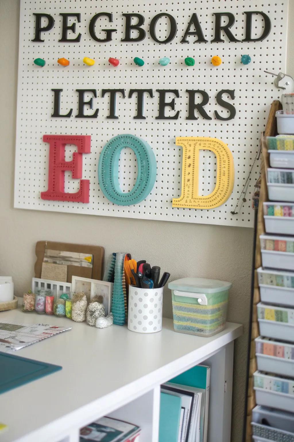 Pegboard letters provide a versatile and functional arrangement.