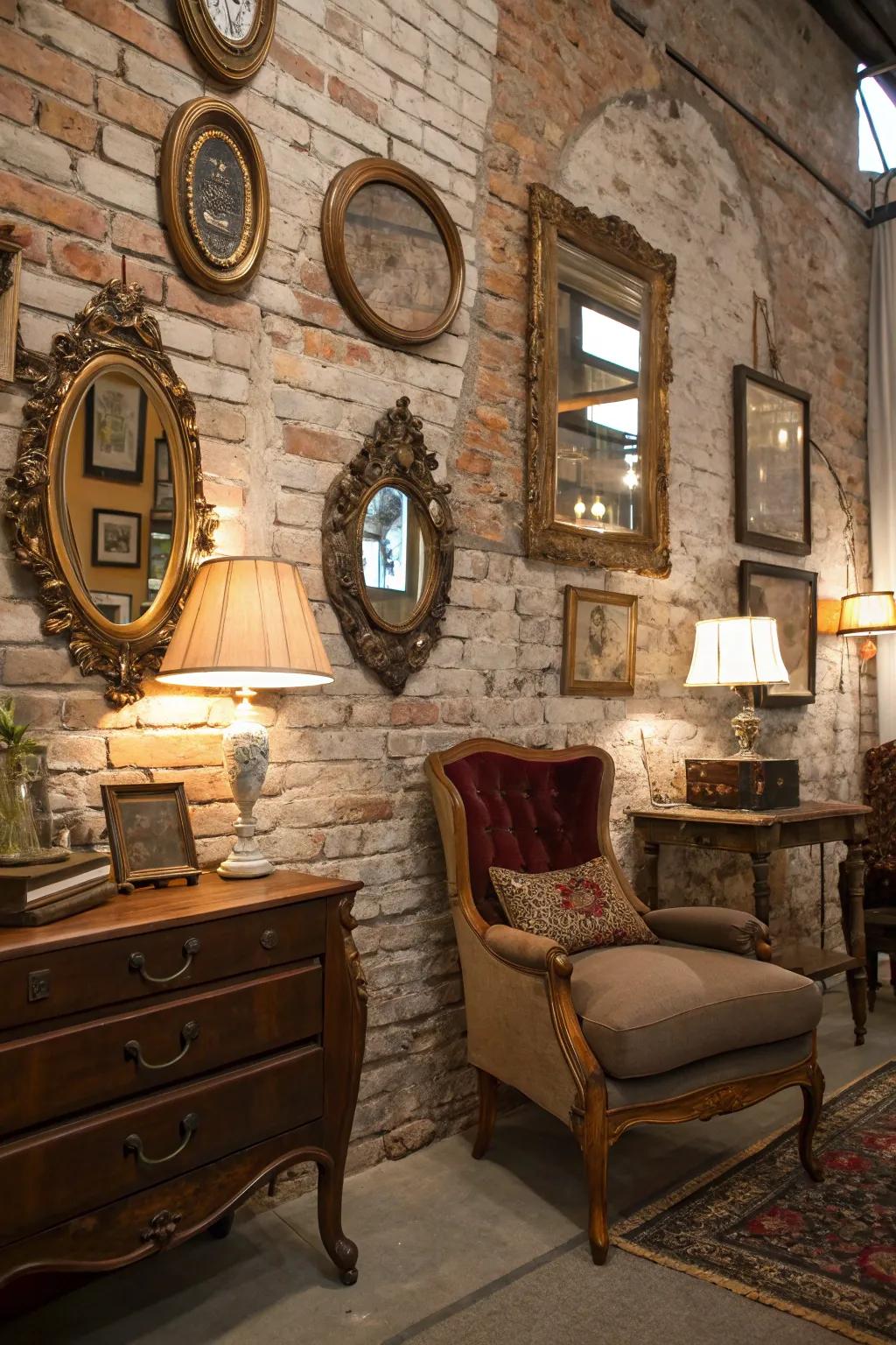 A vintage-themed room with a brick wall and antique decor, exuding timeless charm.