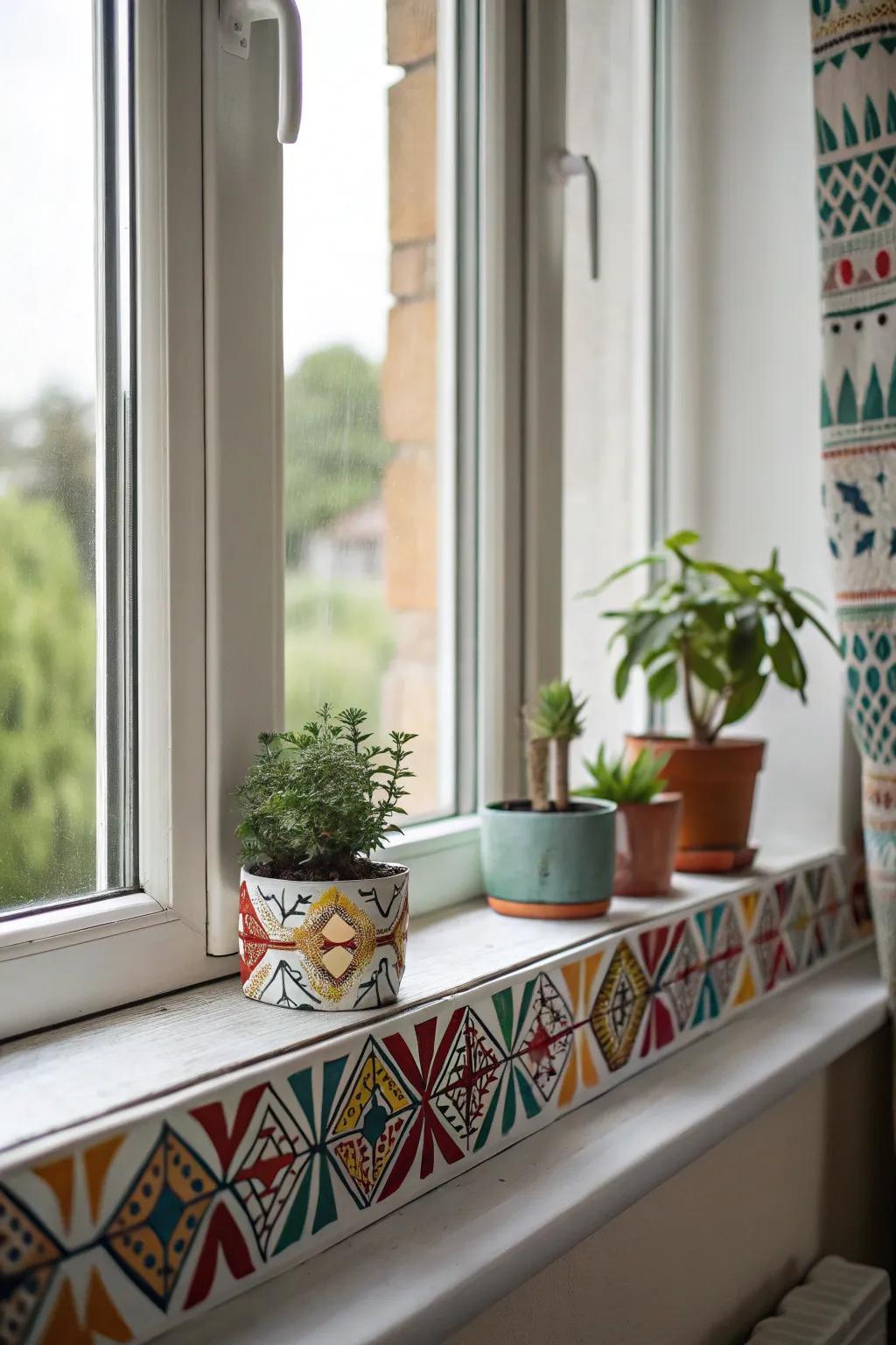 A window sill featuring geometric patterns, infusing the space with modern artistry.