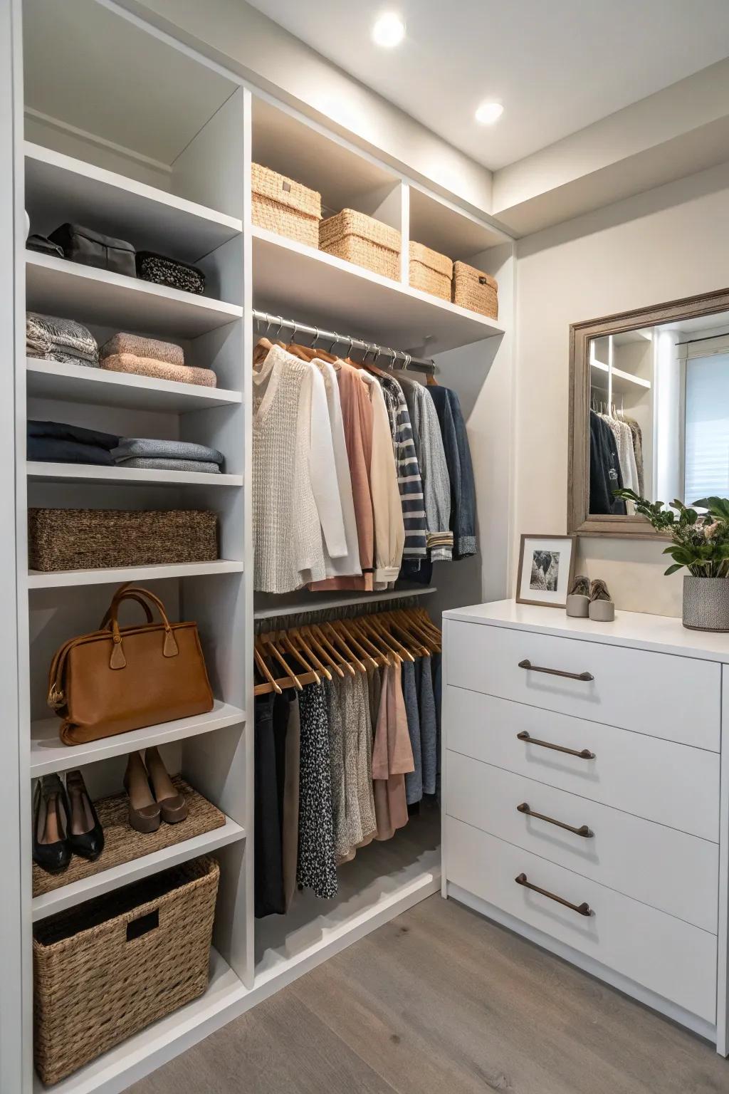 Floating shelves offer adaptable storage within a compact closet.