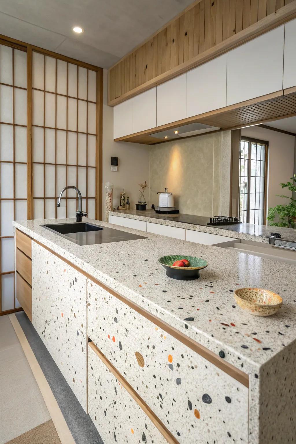 Terrazzo countertops enhance the modern look of this kitchen.