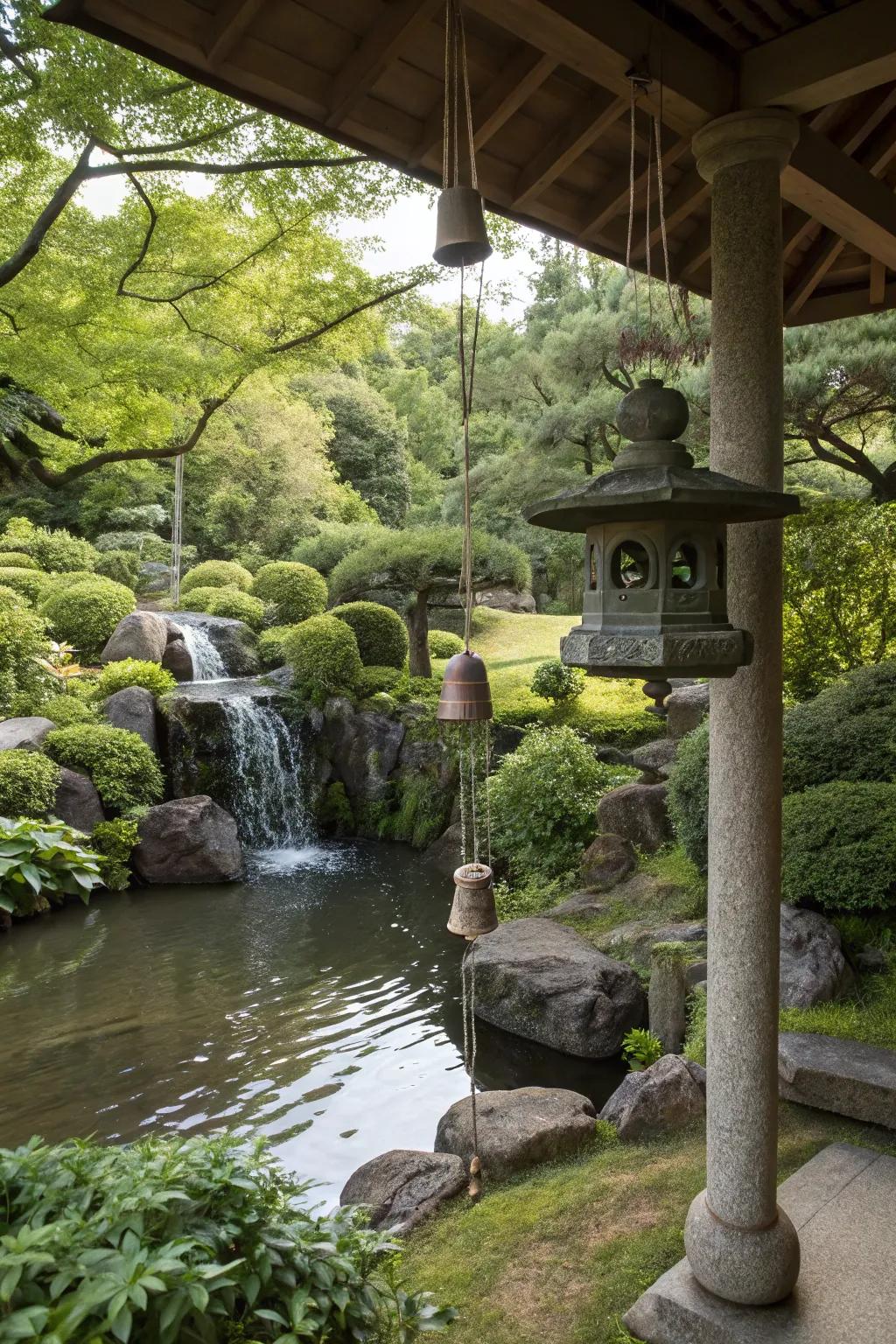 A small waterfall and wind bells enhance a Japanese garden.