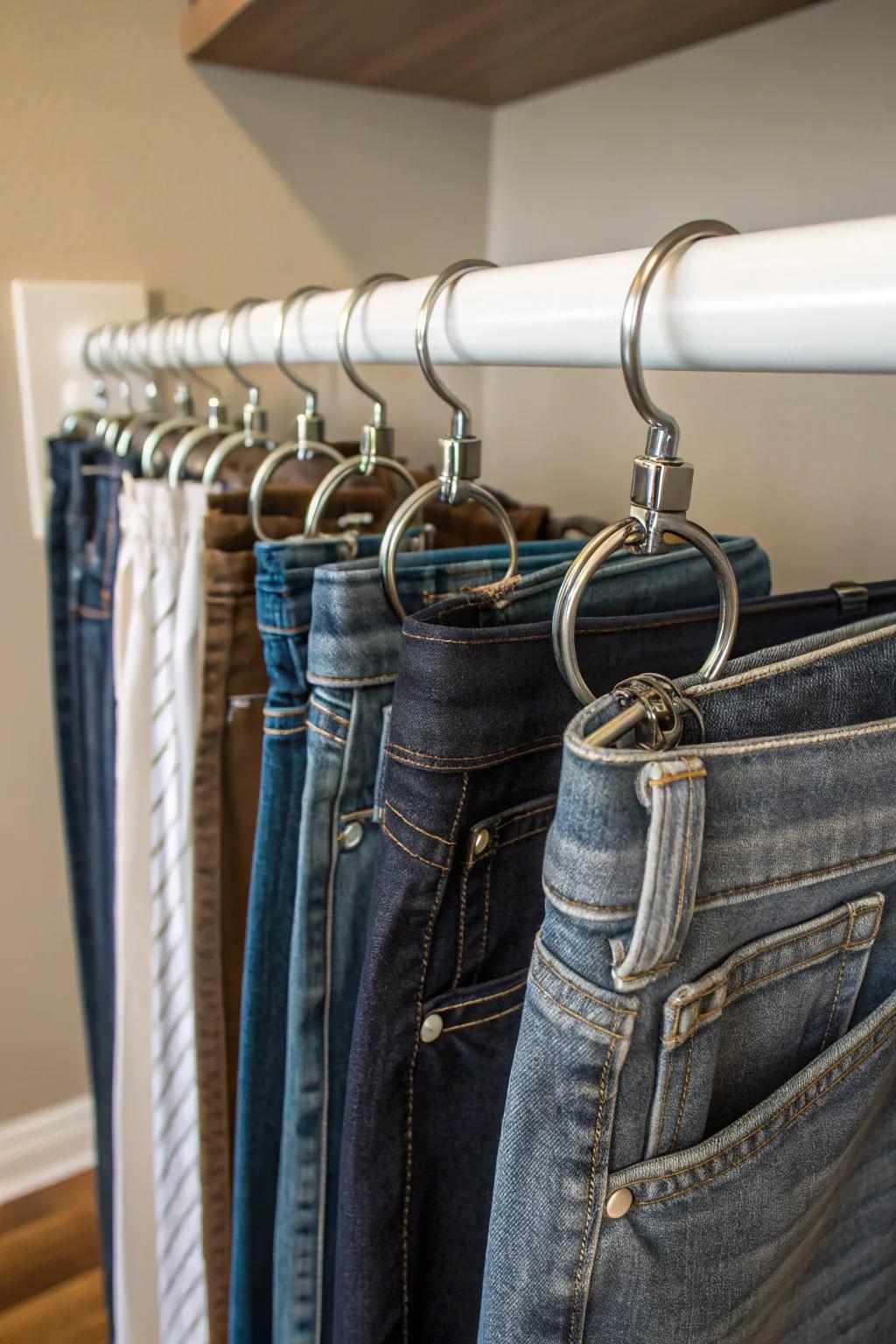 Window rings furnish a unique avenue to suspend jeans in your wardrobe.