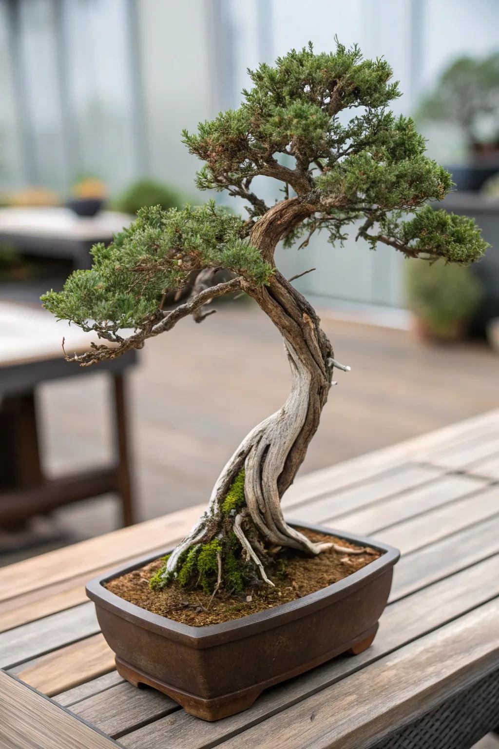 A shari configuration juniper bonsai exhibiting its dramatic unveiled wood.