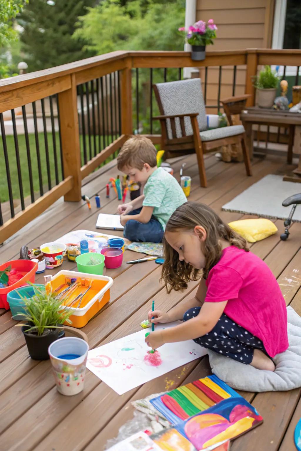 A deck featuring an art and craft spot where children are painting and crafting.