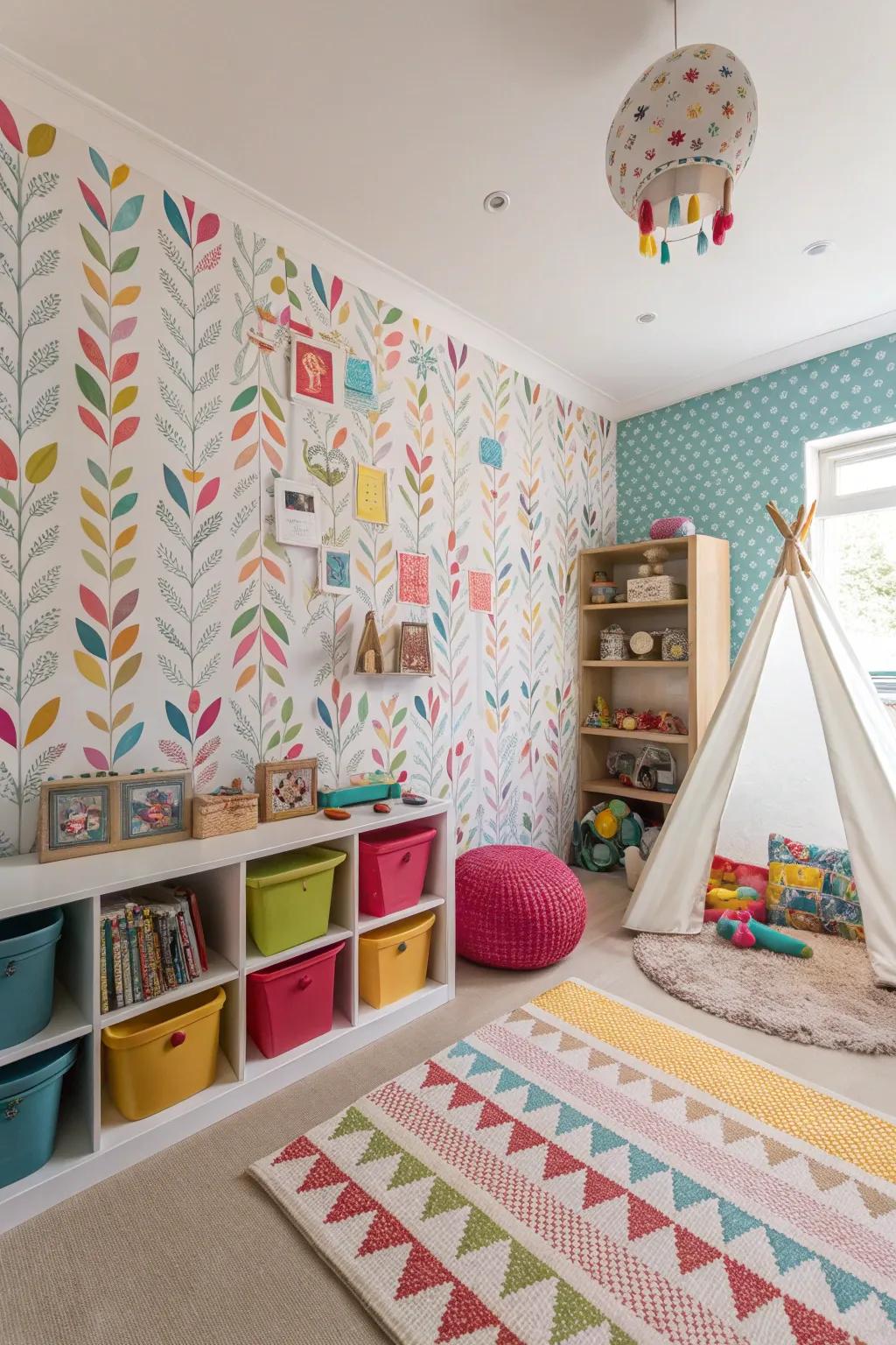 A playroom showcasing a blend of various designed wallpapers for a playful element.