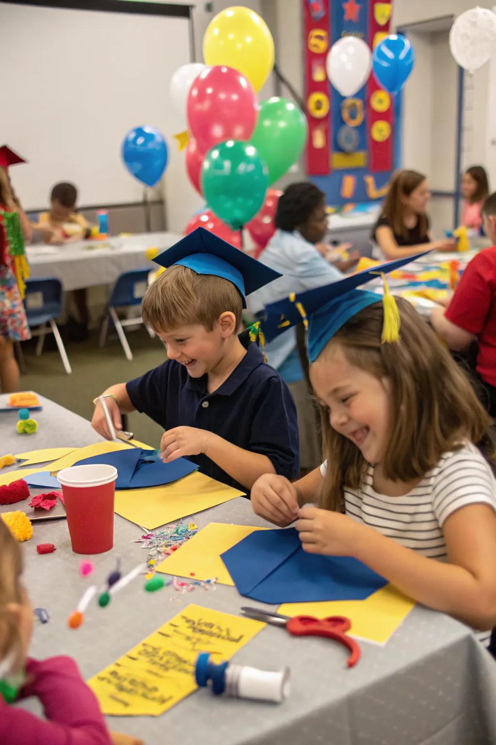 A creative craft station for making personalized graduation caps.