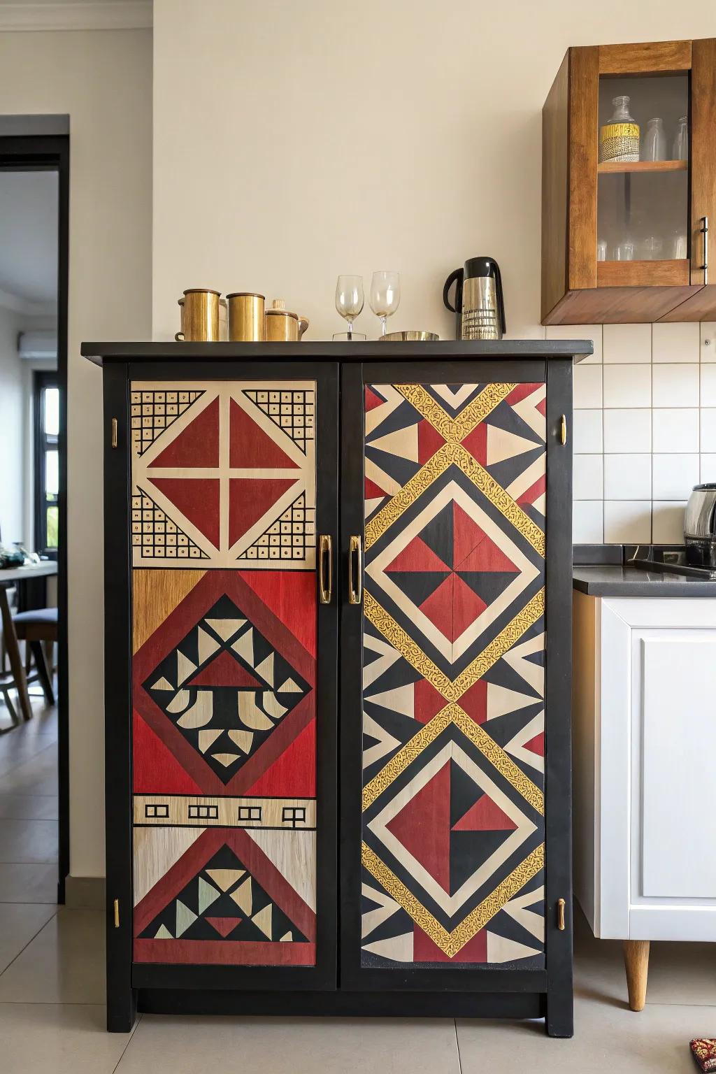 Abstract designs add a modern flair to this bar cabinet.