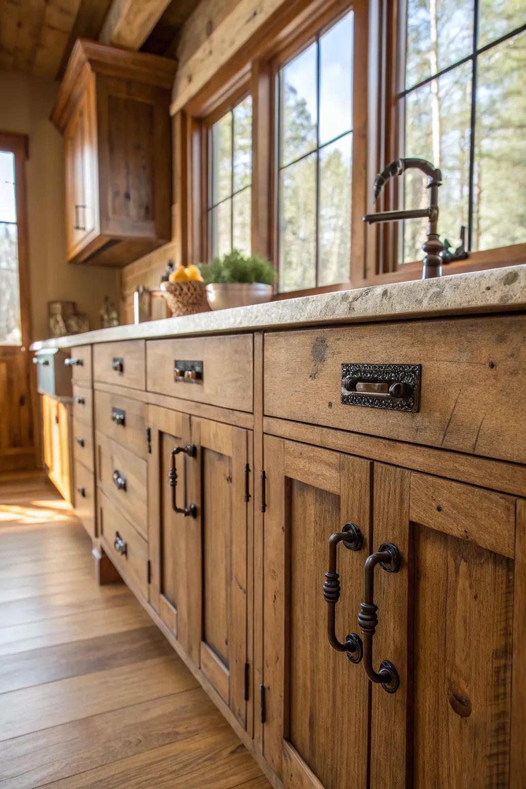 Rustic hardware brings a touch of charm and history to the kitchen.