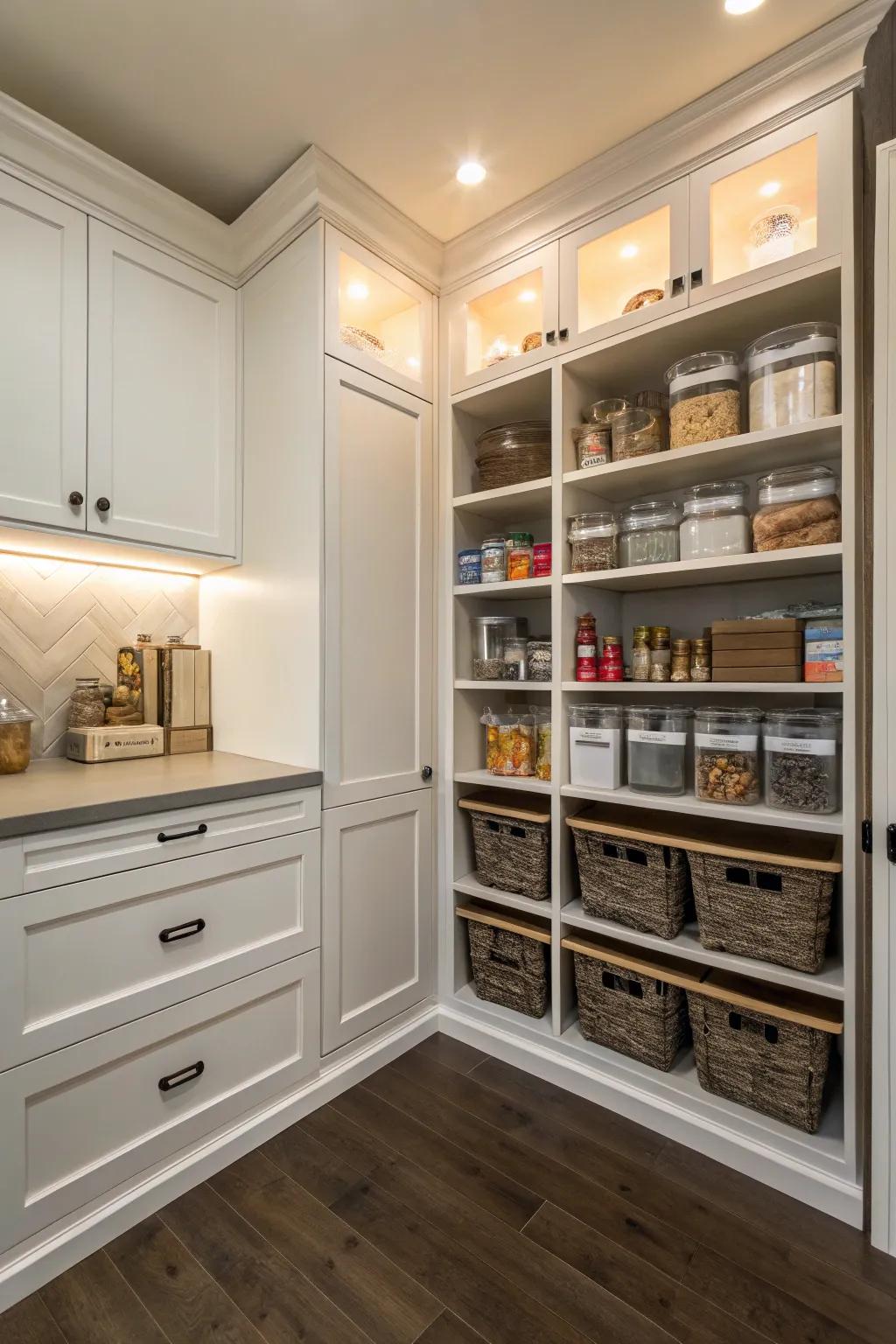 A walk-in pantry in the corner maximizes storage and accessibility.