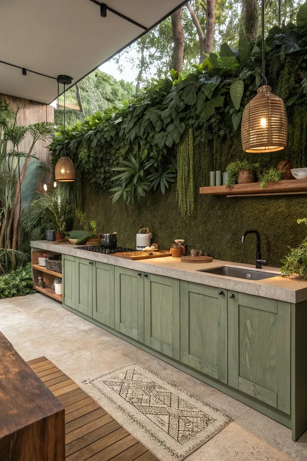 A peaceful setting achieved through greens and earth tones.