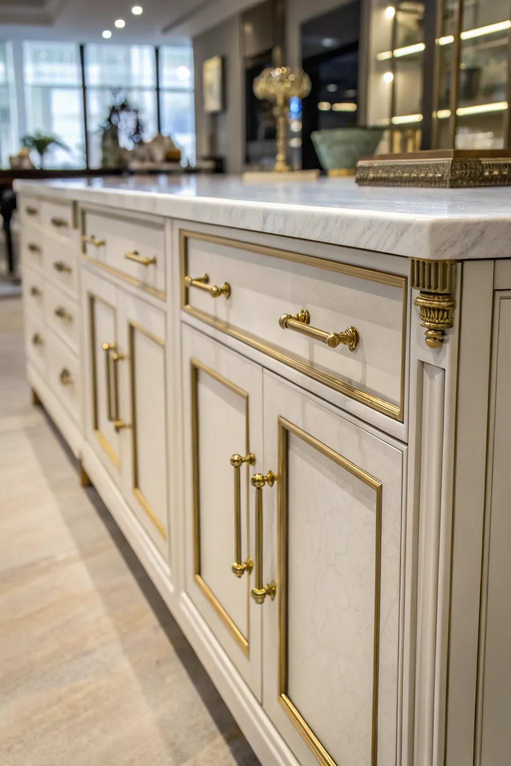 Elegant accents like brass and marble elevate this credenza's sophistication.