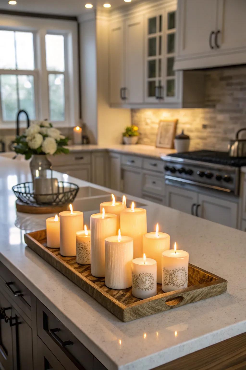 Tapers add warmth and ambiance to the kitchen island.