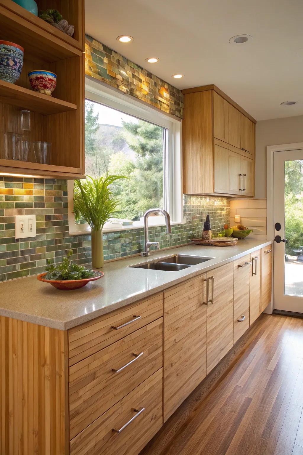 A cooking area designed by using sustainable and eco-friendly products.