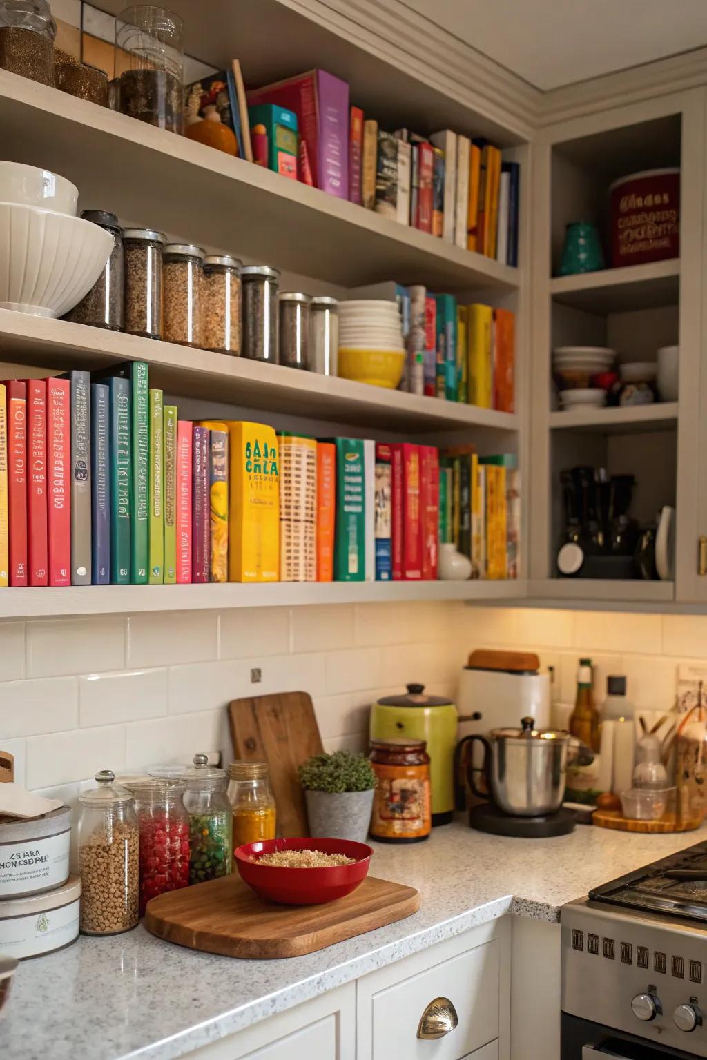 Incorporating books into your kitchen shelves adds color and keeps recipes handy.