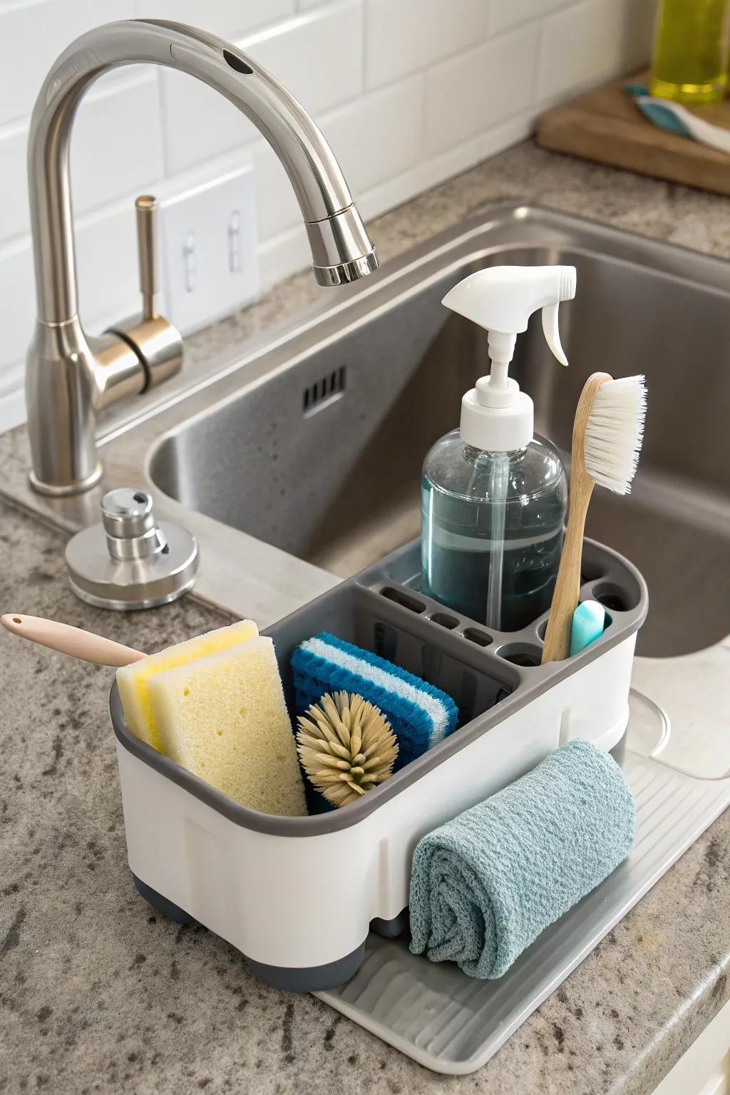 Enhance functionality with a station that includes a soap dispenser.