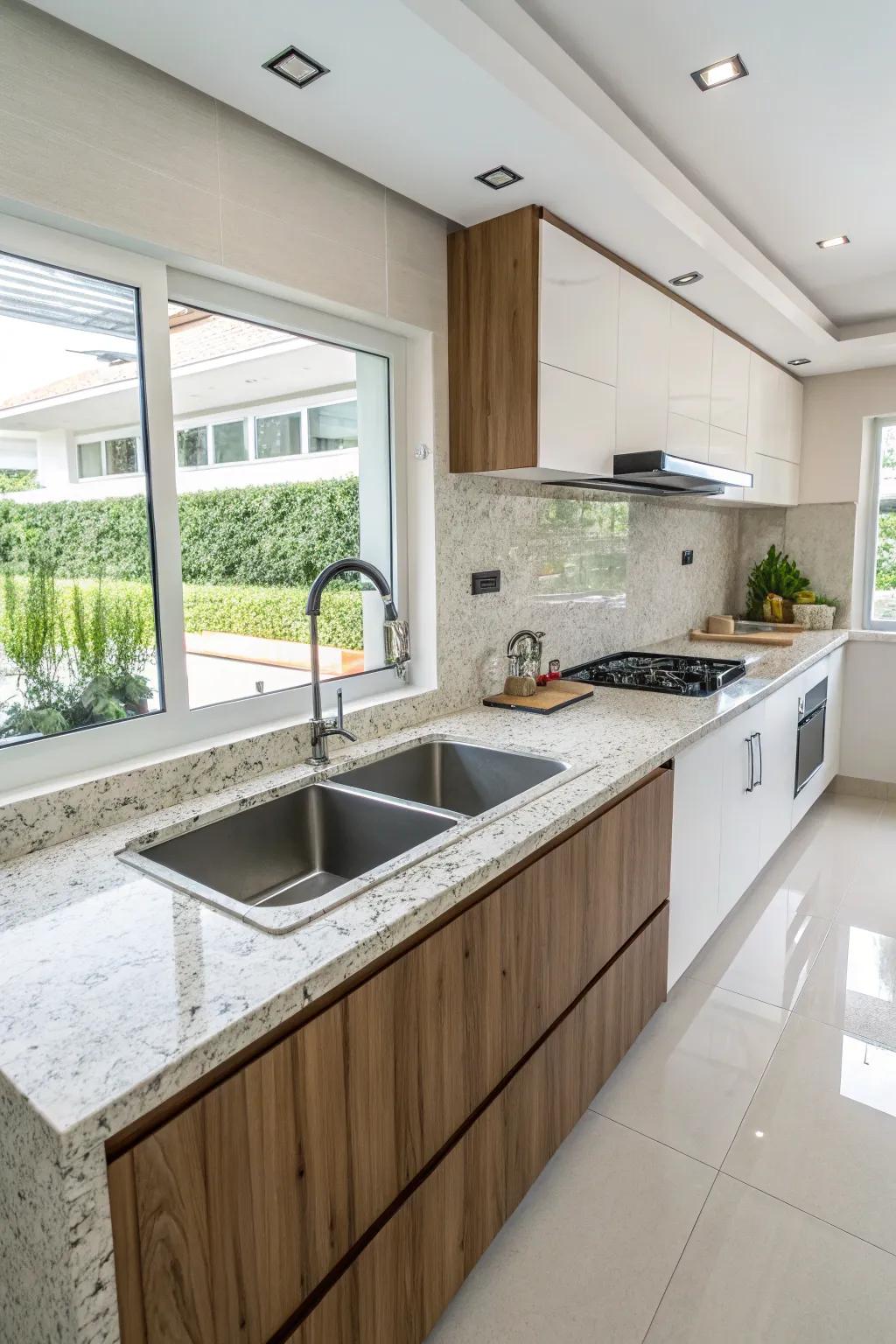 An avant-garde kitchen with an asymmetrical sink design.