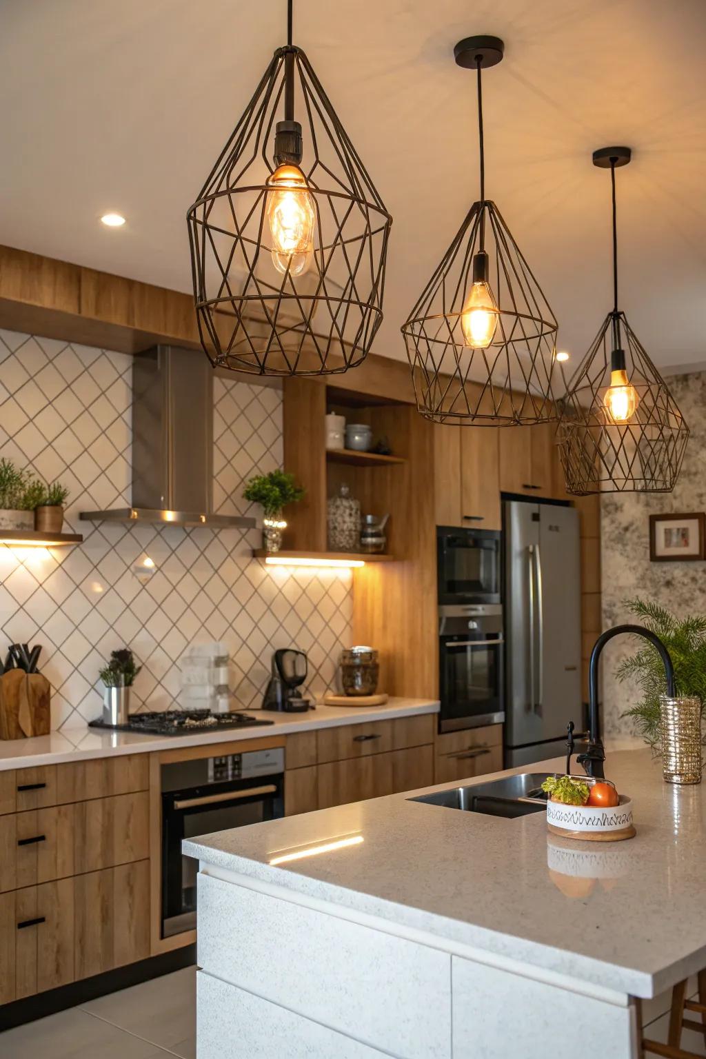 A kitchen showcases bold wall lights for a dramatic and functional touch.