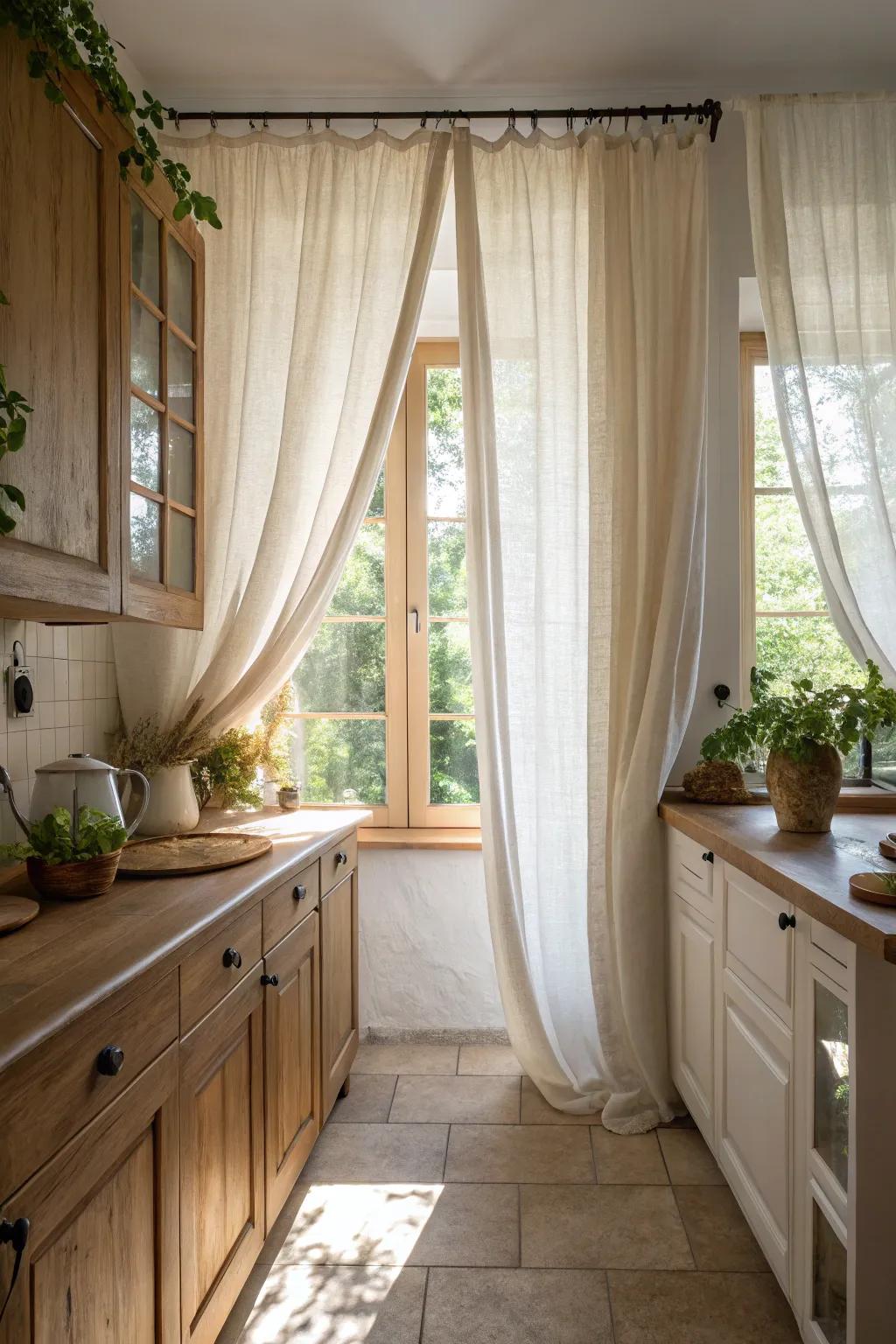 Linen curtains add softness and style to kitchen windows.