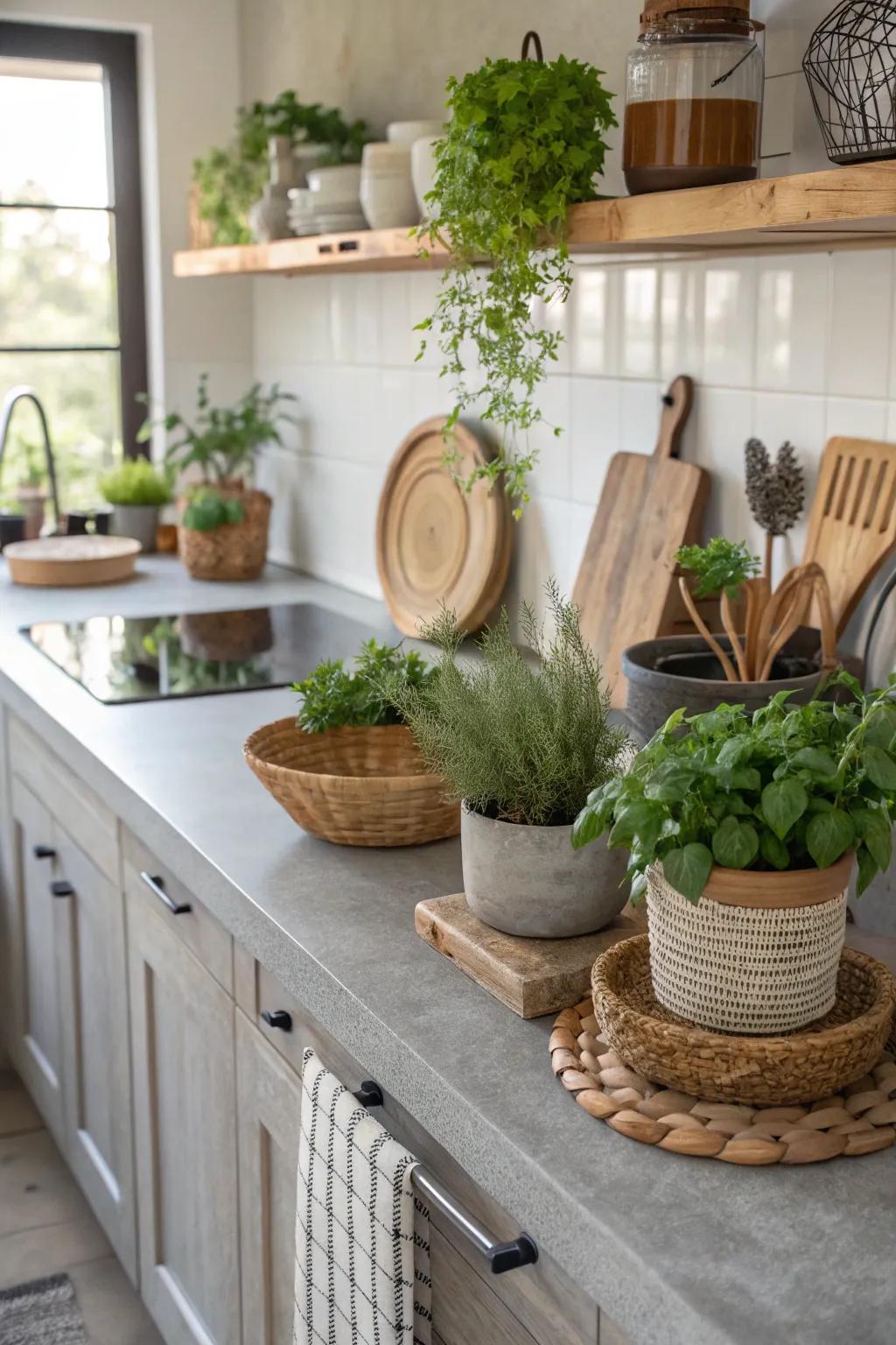 A cooking space with engineered stone worktops enhanced by natural accents and greenery.
