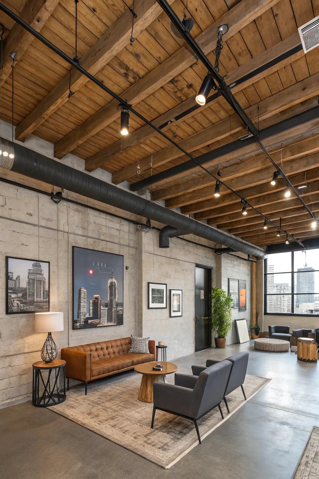 An industrial-style room where pine planked ceilings meet metal elements.