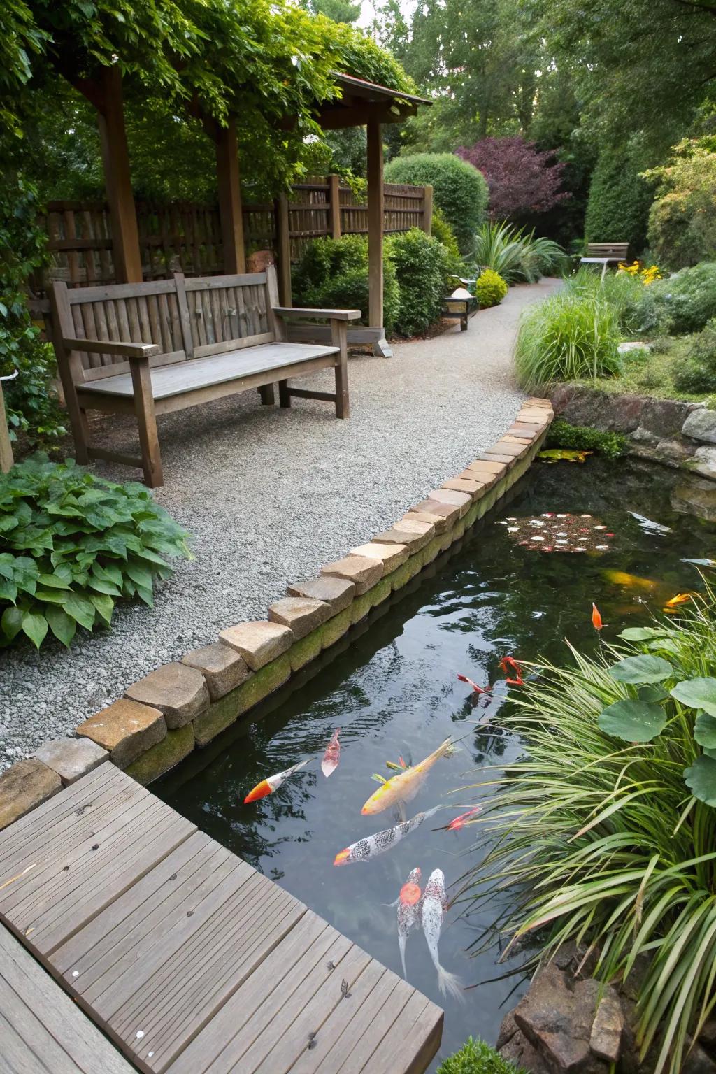 Pathways and seating create inviting spaces around the pond.