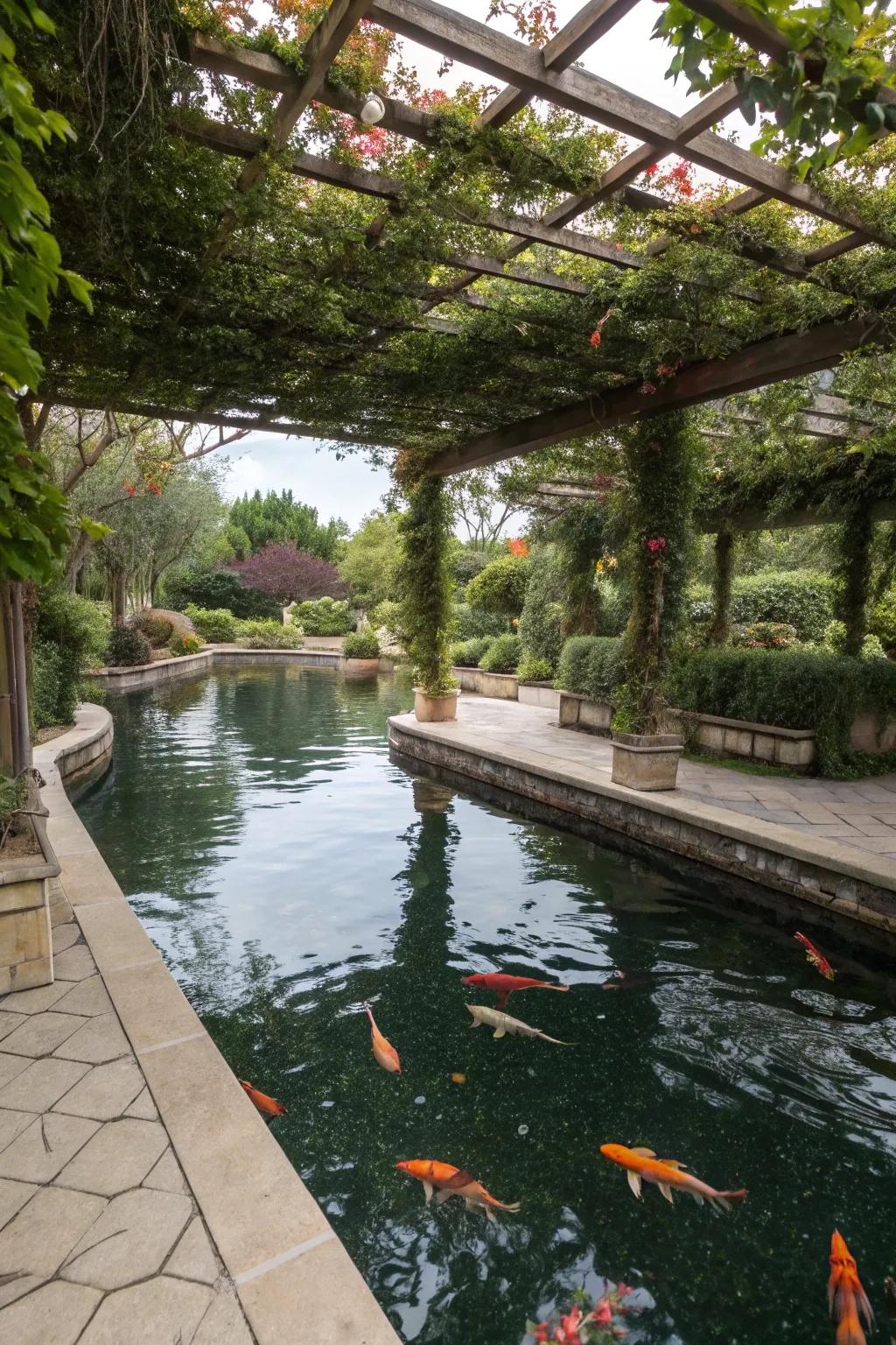 A koi pond shaded by a vine-covered overhead trellis.