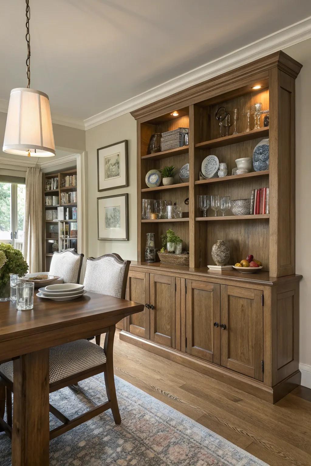 Integrated storage assists in upholding a tidy and elegant dining sector.